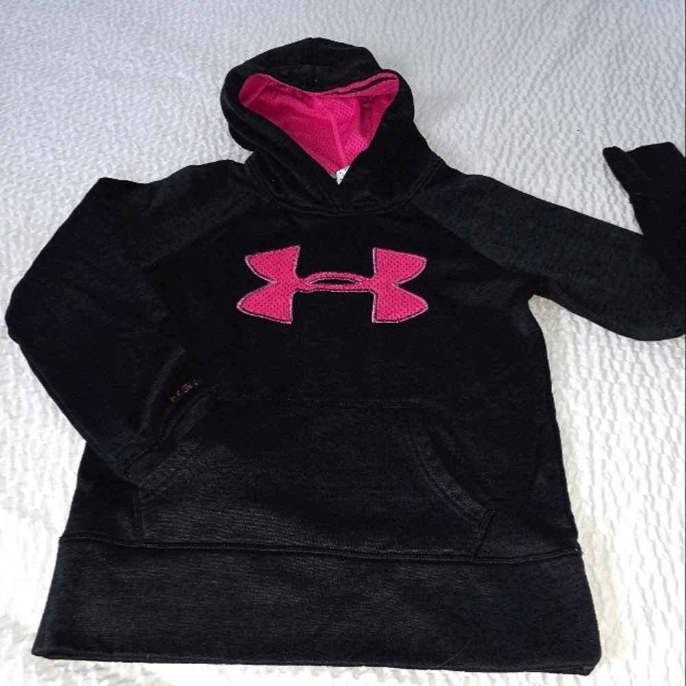 Under Armour pull-over hoodie with thumb hole, YSM, Dark Grey & Pink